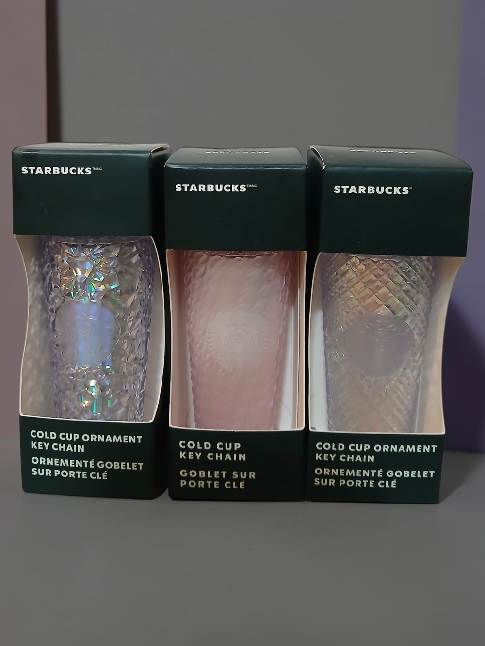 Starbucks Cold Cup Key Chain Trio — Iridescent, Soft Pink, Pearl